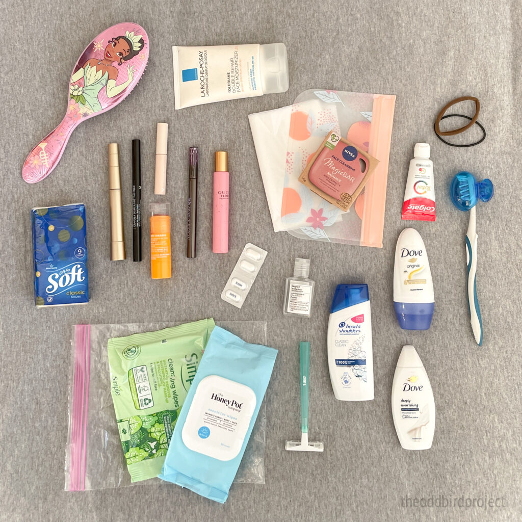 image of toiletries to pack in a backpack for packing light to travel