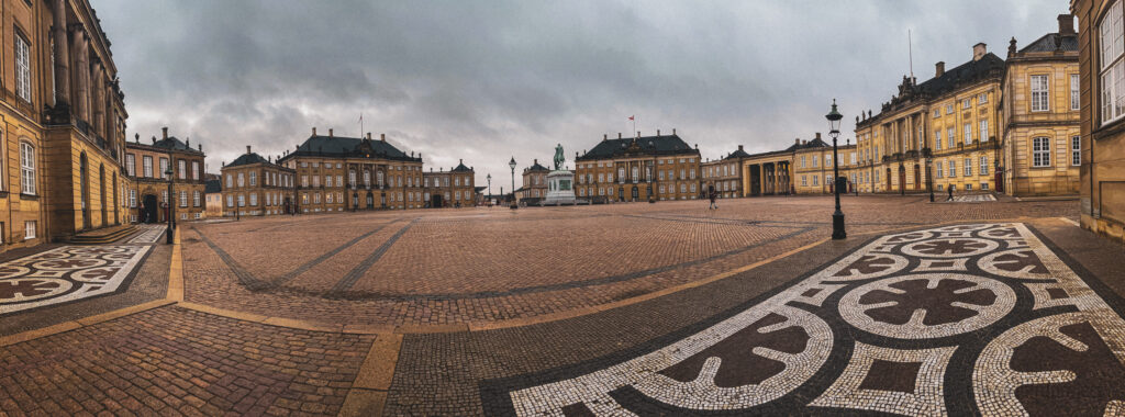 Empty Amalienborg Palace on a rainy gloomy day in Copenhagen