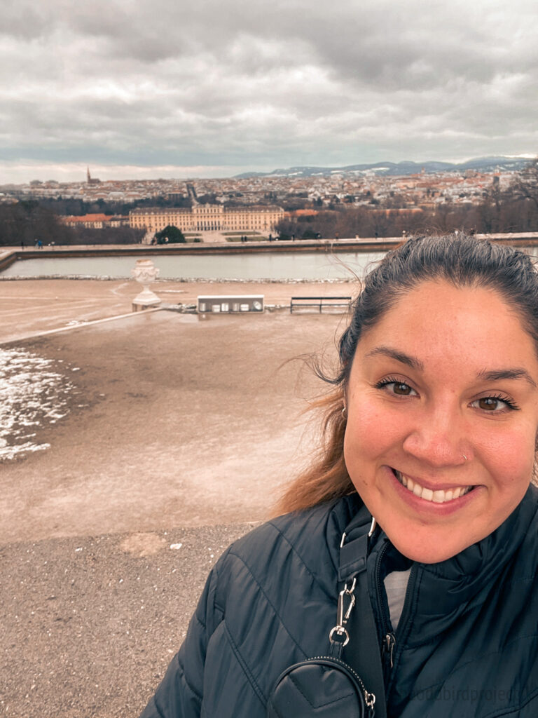 Selfie at the palace in Vienna with the city behind me solo traveling